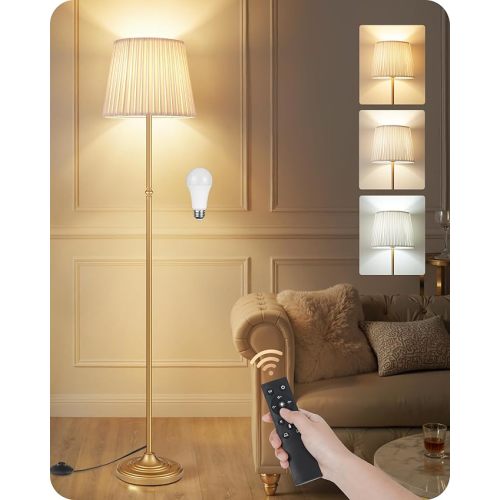 Dimmable Floor Lamp for Living Room, 68" Tall Standing Lamp, Reading Light with Remote & Foot Pedal, 10W LED Bulb (3000K-6500K) Included, FCC Listed, Reinforced Base, Gold and White DW12LD05