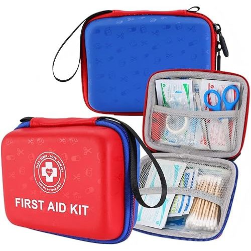 Small First Aid Kit - 165 Piece Dual-Color Emergency Medical Kit with Hard Shell & Fluorescent Exterior Coating, Emergency First Aid Kit for Home, Car, Travel, Hiking & Outdoor(Red/Blue)