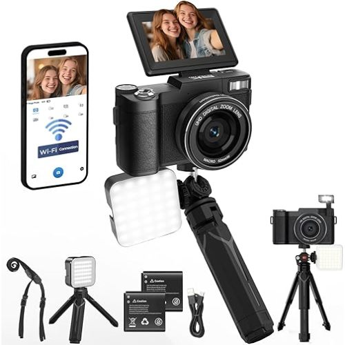 5K Vlogging Camera with WiFi 64MP 4K Digital Camera for Photography Vlog Camera with Flip Screen Video Camera for YouTube with Selfie Light, Desk Tripod, Batteries