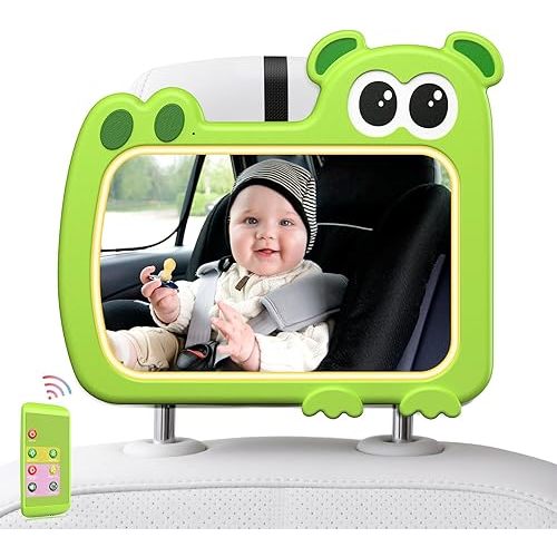2-in-1 Baby Car Mirror with Lights & Soft Sounds, Cry Detector, Clear Night View, 360° Rotation, Shatterproof, Rear Facing Baby Car Seat Mirror with Remote Control, Perfect Baby Shower Gifts (Green)