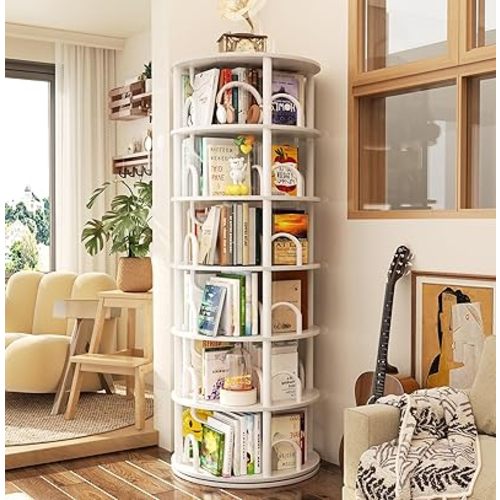 Aheaplus 6 Tier Rotating Bookshelf Tower, Revolving Bookcase, 360° Round Spinning Book Shelf, Narrow Swivel Bookshelves Vertical Rolling Turning Corner Bookshelf Organizer for Small Space, White