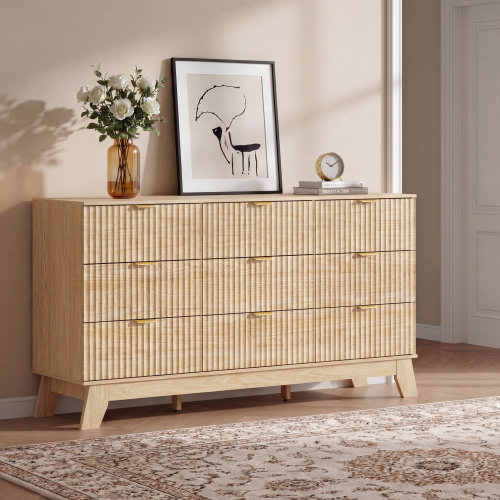 Fluted 9-Drawer Dresser 57''W Wood Wide Chest Of Drawers With Metal Handle, Adjustable Feet | Wayfair