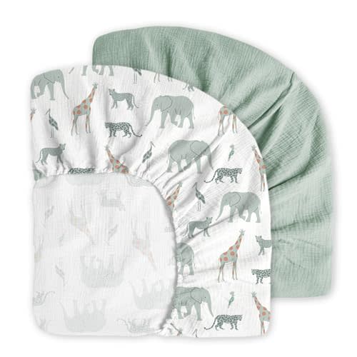 Little Grape Land Muslin Crib Sheets Fitted for Boys and Girls 2 Pack, 100% Cotton Baby Bed Sheets Soft Breathable, Neutral Fitted Baby Mattress Sheets for Standard Crib 52x28, Safari