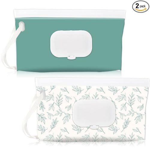 FEBSNOW 2 Pack Baby Wipes Dispenser Holder, Portable Refillable Baby Wet Wipes Pouch Container Reusable Travel Case for Outdoor Hiking, Blue Leaves