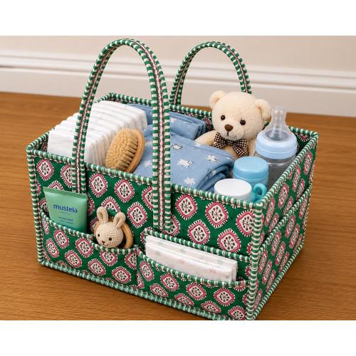 Green Floral Quilted Cotton Nappy Caddy, Baby Diaper Organizer Basket, Nursery Storage Bin