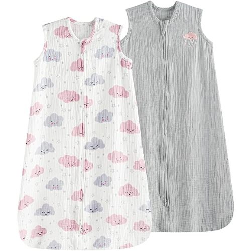 PHF 100% Muslin Cotton Baby Sleep Sack, 6-12 Months Baby Wearable Blanket with 2-Way Zipper, 2 Pack Soft Breathable Cooling 0.5 TOG Medium Size Sleeveless Sleeping Bag for Boys/Girls, Clouds