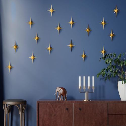 MidModArt 16PCS Mid Century Modern 3D Star Wall Art Gold Retro Starburst Sculptures