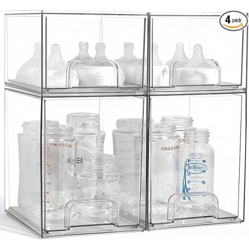 Baby Bottle Organizer, 4 Pack Clear Space-Saving Stackable Drawer with Handle, Baby Bottle Storage Organizer for Countertop and Cabinet