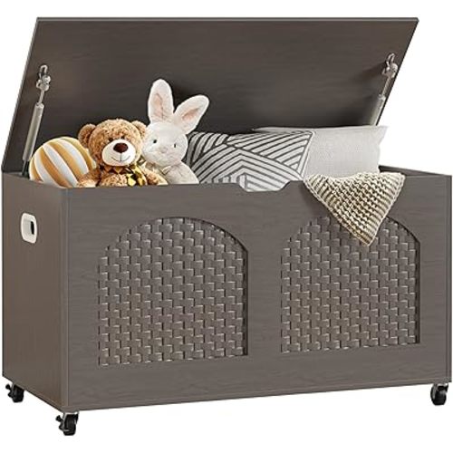 Storage Chest, Rattan-Style Toy Storage Bench with Lid and Wheels, Square Storage Trunk for Entryway, Bedroom, Living Room(Gray)