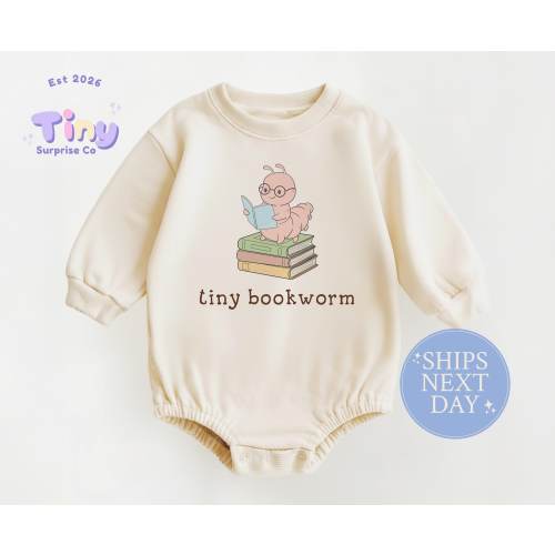 Tiny Bookworm Baby Romper, Natural Cotton Bodysuit Onesie® with Book Stack Design