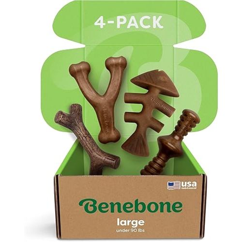 Benebone Large 4-Pack Dog Toys for Aggressive Chewers – Durable Dog Bones, Made in USA – Dog Toys for Large Dogs Under 90 lbs