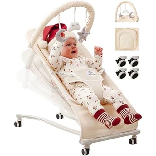 Cuddobaby Baby Bouncer for Newborn, Wheels with Brakes, Soft Plushies, 100% Cotton, Adjustable Bouncy Chair up to 20Lbs 0-6, 3-6, 6-12 Months - Oat