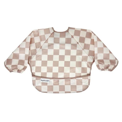 Tiny Twinkle Mess Proof Baby Bib,Waterproof Smock Baby Bib for Eating,Machine Washable Long Sleeve Bib,Baby Led Weaning,Toddler Bib,BLW Supplies(Checkers Brown, Small 6-24 Months)
