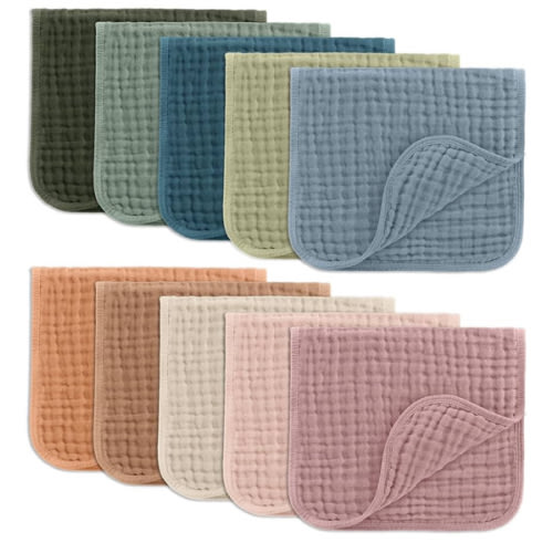 Comfy Cubs Muslin Burp Cloths 20" x 10", Pack of 10 - Large, 6-Layer, Ultra Absorbent 100% Cotton for Baby Drool and Messes - Soft, Safe & Gentle Baby Burp Cloths for Boys & Girls - Multi