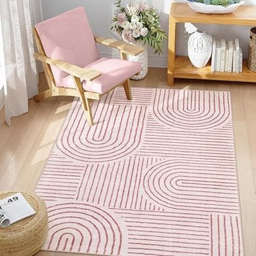 Lahome Abstract Washable Rugs, 4x6 Pink Rug for Bedroom Nursery Soft Non Slip Modern Living Room Rug, Ultra-Thin Non-Shedding Throw Carpet for Entryway Kitchen Office(4'x6',Pink)