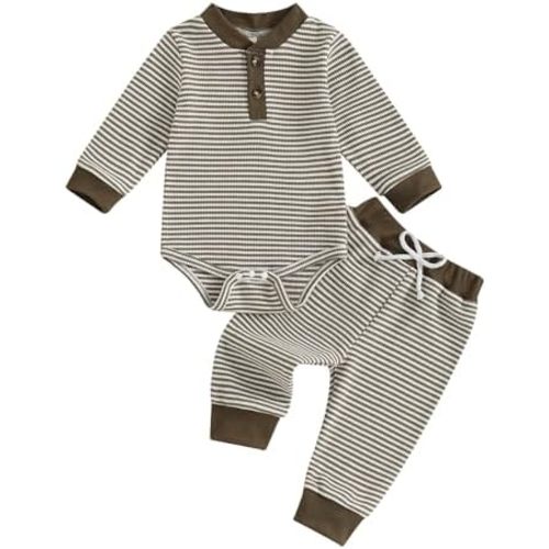 Newborn Baby Boy Fall Outfit Romper Long Sleeve Solid Onesie Jumpsuit Bodysuit Elastic Waist Pants Infant Waffle Clothes