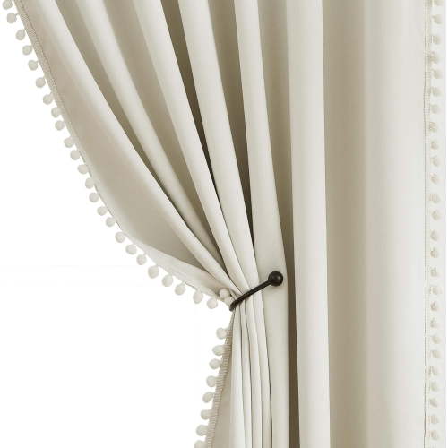 Pom Pom Curtains for Bedroom Windows 84 inch Energy Efficient Thermal Insulated Living Room Darkening Curtain Panels for Kitchen Nursery Room Ivory 52" w x2 Panels Rod Pocket