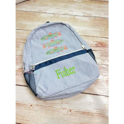 Fish Seersucker Preschool Backpack, Personalized Toddler backpack, Monogrammed backpack, Church Bag, Diaper Bag, sketch design, Fishing