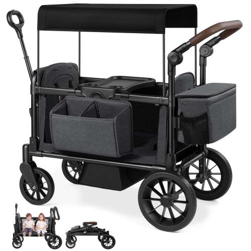 Vomeast Wagon Stroller with Tray,2-Seater Wagon for Kid,Side Entry,Gray
