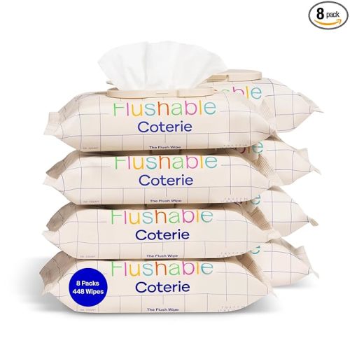 Coterie Flushable Wipes for Toddlers, Designed for Potty Training, Safe for Sensitive Skin, Hypoallergenic, 99% Water, Plant-Based, Fragrance Free, Sewer & Septic Safe, 8 Pack (448 Wipes)
