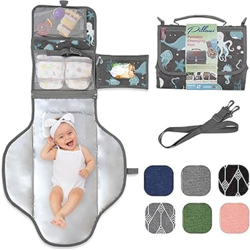 Portable Changing Pad for Baby, Travel Diaper Changing Pad for Newborn, Large Waterproof Baby Changing Mat, Foldable & Detachable Diaper Changing Station with Baby Wipes Pockets, Baby Stuff by Pillani