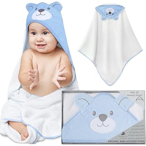 Mother's Choice Organic Baby Hooded Towel - Large Size, Cotton, Ultra-Soft & Absorbent Bath Towel for Newborns, Infants, Toddlers, Boys & Girls with Animal Hood (Blue Bear)