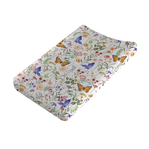 Spring Wildflower Butterflies Changing Pad Covers Watercolor Floral Summer Baby Diaper Changing Pad Sheets for Boy Girl Retro Botanical Soft Breathable Stretch Fitted Changing Table Mat 32''x16''
