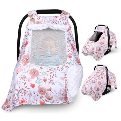 Car Seat Cover Baby, Carseat Covers Baby with 2 Layers Breathable Zipper Windows, Windproof Infant Car Seat Cover, Kick-Proof Baby Carrier Cover for Baby Girl Newborn Essentials