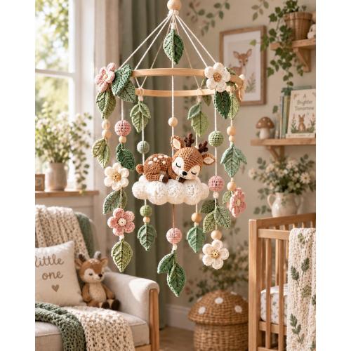 Crochet Deer Baby Mobile, Sleeping Fawn Crib Mobile, Floral Woodland Nursery Decor, Baby Girl Baby Shower Gift