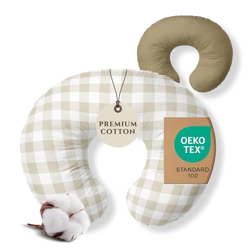 Pobibaby 1-Pack Premium Nursing Pillow Cover - Ultra Soft & Stretchy 96% Cotton, Breastfeeding Pillow Cover for Baby Boys and Girls (Gingham Khaki)