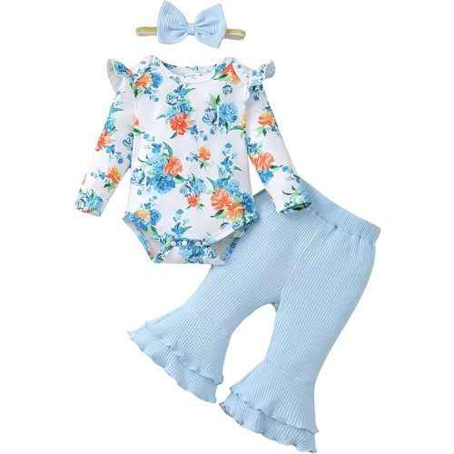 SUNNY PIGGY Baby Girl Clothes Newborn Infant Outfits Ruffle Long Sleeve Romper Pants Set with Headband