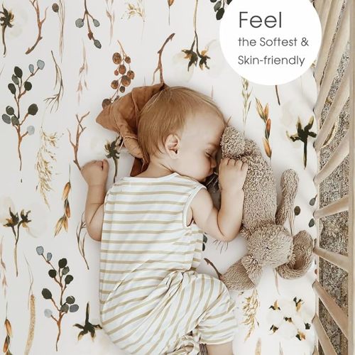 Stretchy Ultra Soft Jersey Knit Fitted Pack and Play Sheets 3 Pack, Portable/Mini Crib Sheets Safe and Snug Fitted for Boys and Girls, Stylish Pretty Flora for Baby, Beige