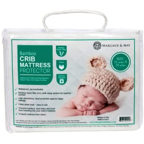 Crib Mattress Protector Pad (Mom Choice Award Winner) Waterproof, Ultra Soft 4 Layered Noiseless, Dryer Friendly Deluxe Bamboo, Fitted, Quilted Protection for Baby in White (52 x 28 x 9 inches)