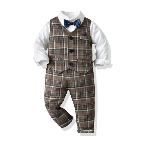 Toddler Boy Church Outfit Suspenders Baby Boy Clothes Set Infant Tuxedo Long Sleeve Gentleman Suit Outfits + Beret Hat + Suspender Pants + Bowtie 0-18M