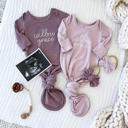 Personalized Bamboo Newborn Baby Knot Gown | Lovely Lilac - Script