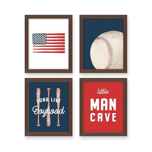 heilkee Baseball Wall Art Boys Room Decor Vintage Sports Theme Wall Decor for Teen Boys Bedroom Nursery Set of 4 Prints(Walnut Framed, 8x10in)