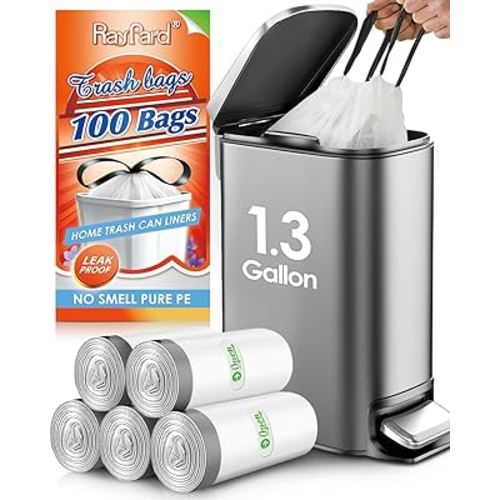 1.3 Gallon 100 Counts (fit 1.3-1.5 Gal) Mini Drawstring Trash Bags Garbage Bags by RayPard, 4-5L Small Plastic Trash Can Liner fit 1,1.2-1.5 Gal Waste Basket for Home Office Kitchen Bathroom, White