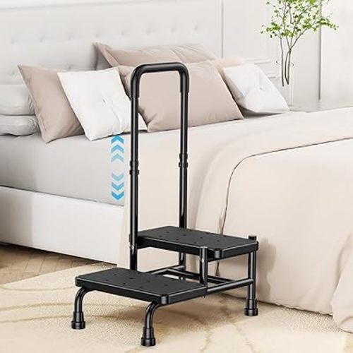 2 Step Stool with Handle for Elderly Adults and Seniors Heavy Duty Non Slip Bed Steps for High Beds with Adjustable Handrail 400 lbs Capacity for Kitchen Bathroom Bathtub