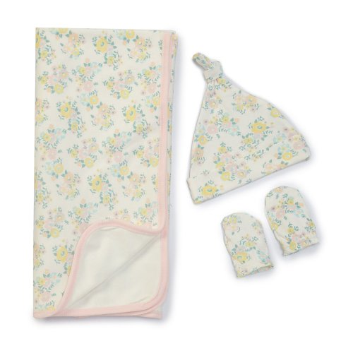 Starting Out Baby Girls Floral Knotted Beanie, Mittens & Blanket Set