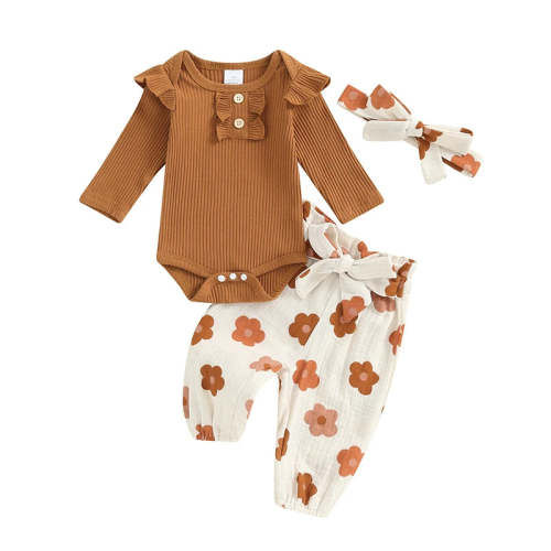 Baby Girls 3Pcs Fall Outfit Long Sleeve Ribbed Romper + Floral Flower – August + Willow