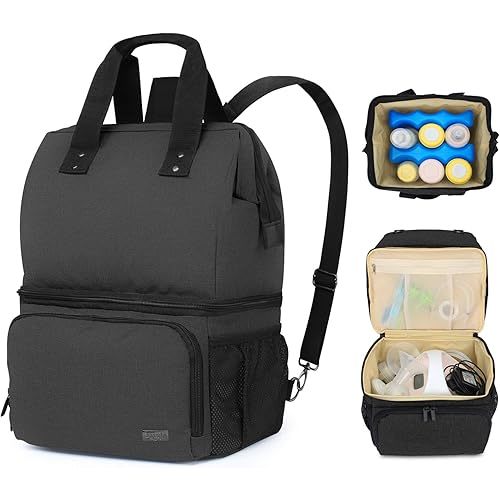 LUXJA Breast Pump Bag with 2 Compartments for Breast Pump and Cooler Bag, Breast Pumping Bag with 2 Options for Wearing (Fits Most Major Breast Pump), Black