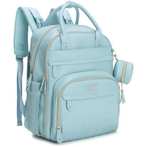 BabbleRoo Leather Diaper Bag Backpack - Baby Essentials Travel Baby Bag, Multi function, Water Resistant, with Changing Pad, Stroller Straps & Pacifier Case – Unisex, Powder Blue