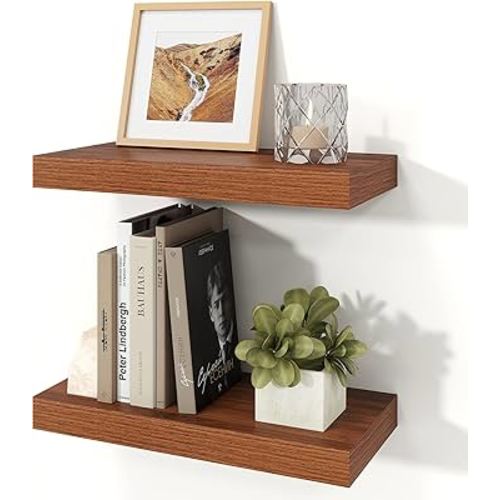 Floating Shelves for Wall, 7.9" Deep Wall Mounted Wood Shelves for Bathroom, Bedroom, Living Room, Kitchen, Hanging Shelf for Books/Storage/Room Decor (Walnut, 16")