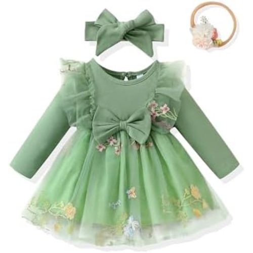 Renotemy Baby Girl Flower Dress Fall Winter, Tutu Tulle Princess Wedding Birthday Party Dresses for Newborn Girls 0-18 Months