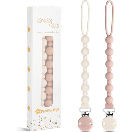 2 Pack Pacifier Clips, One-Piece Silicone Pacifier Clip, 100% Food-Grade Silicone Pacifier Holder (Cream/Blush)