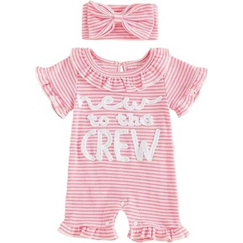 Tsultryofs Baby Girl Romper Newborn Infant Summer Jumpsuit Letter Embroidery Ruffle Crew Neck Romper with Headband