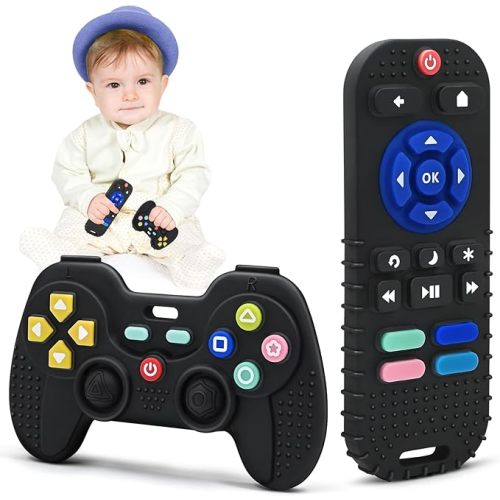 Teething Sensory Toys for Baby Autism 6 Months, Bath Toys for Newborn 3 6 9 12 Months Boys Girls Gifts, Food Grade Silicone Remote Control Teethers (Black+Black)
