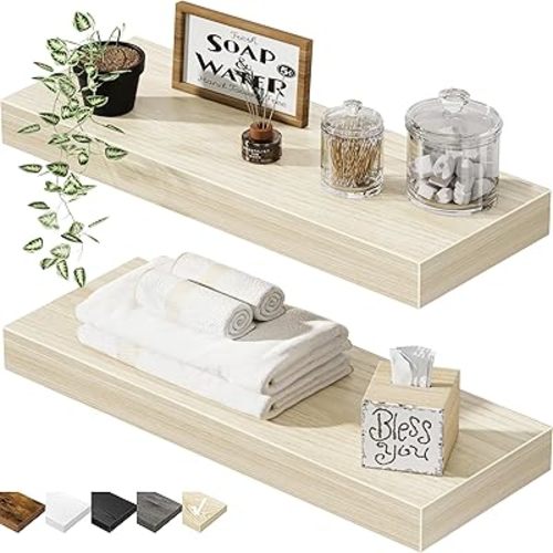 QEEIG Bathroom Floating Shelves for Wall - 15.7" Wall Mounted Shelf Over Toilet Farmhouse Home Decor Display Bookshelf Small 15.7 x 6.7 inch Set of 2, Natural (008-40N)