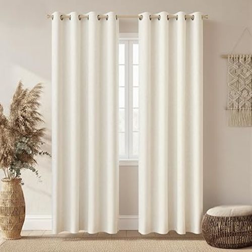 100% Blackout Linen Textured Curtains for Bedroom Thermal Insulated Full Light Blocking Room Darkening Bronze Grommet Window Drapes for Living Room Nursery 52 x 84 Natural (2 Panels)