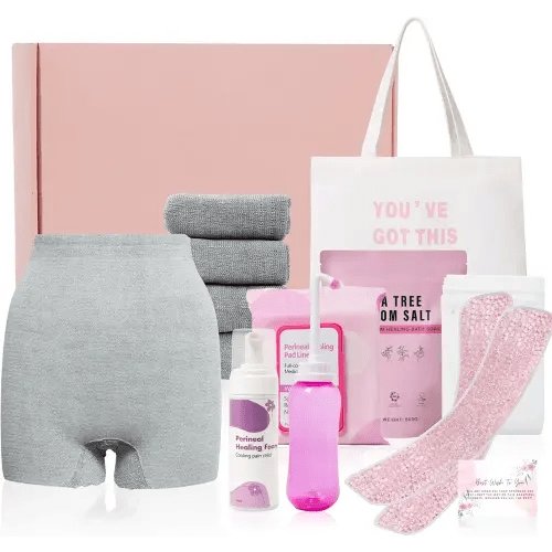 Postpartum Essentials Kit - Peri Bottle,Perineal Ice Packs,Perineal Healing Foam,Disposable Underwears,Cooling Pad Liners,Bath Salts,Canvas Bag,Card,Postpartum Gifts for Mom